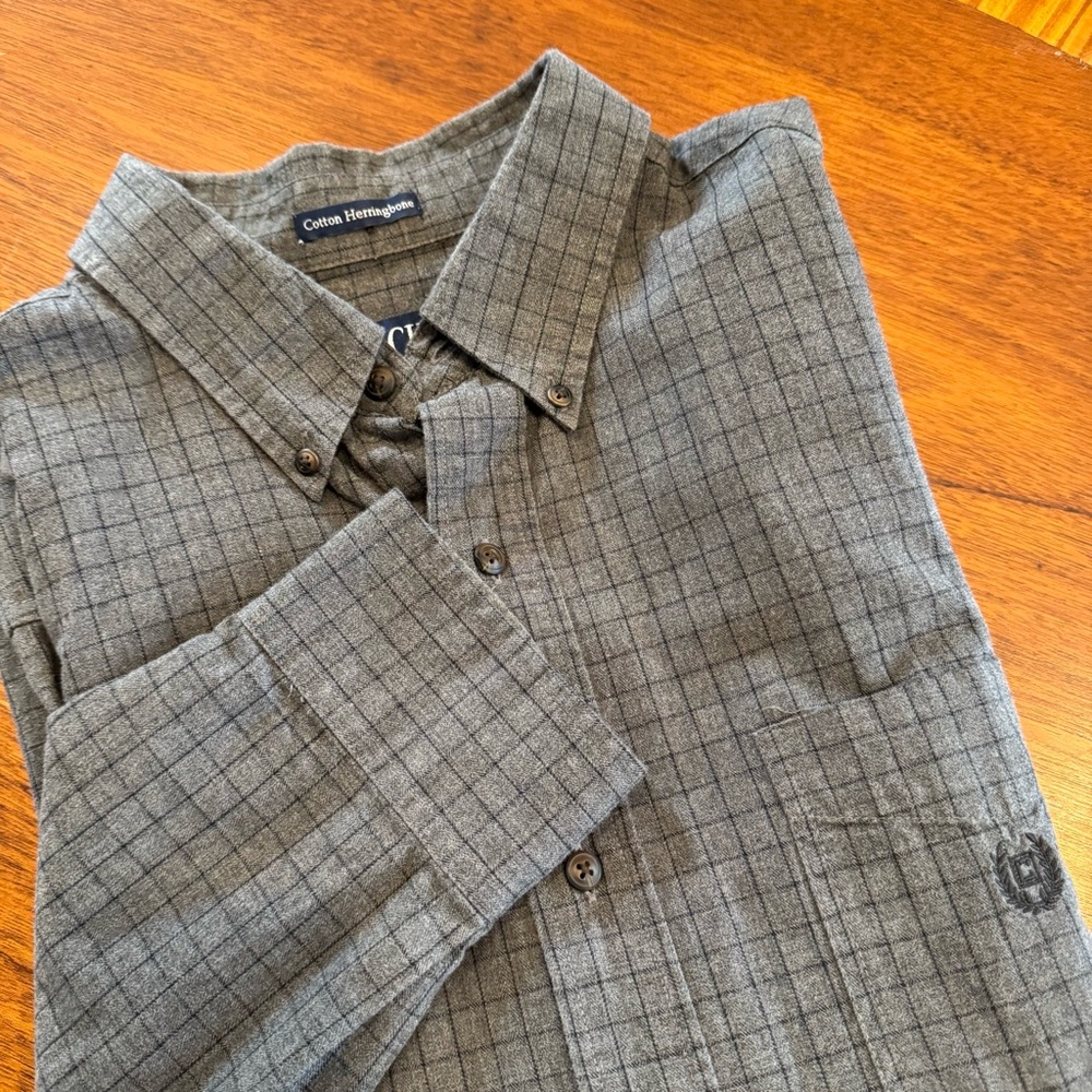 Chaps Cotton Herringbone Gray Windowpane Print 100% Soft Cotton Button Down Sz L